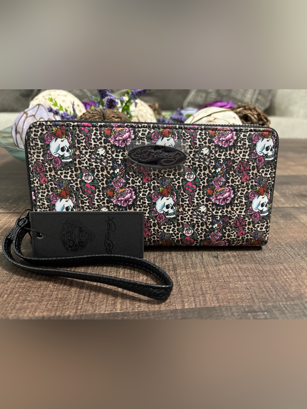 Ed Hardy Leopard Skull Floral Wristlet Wallet